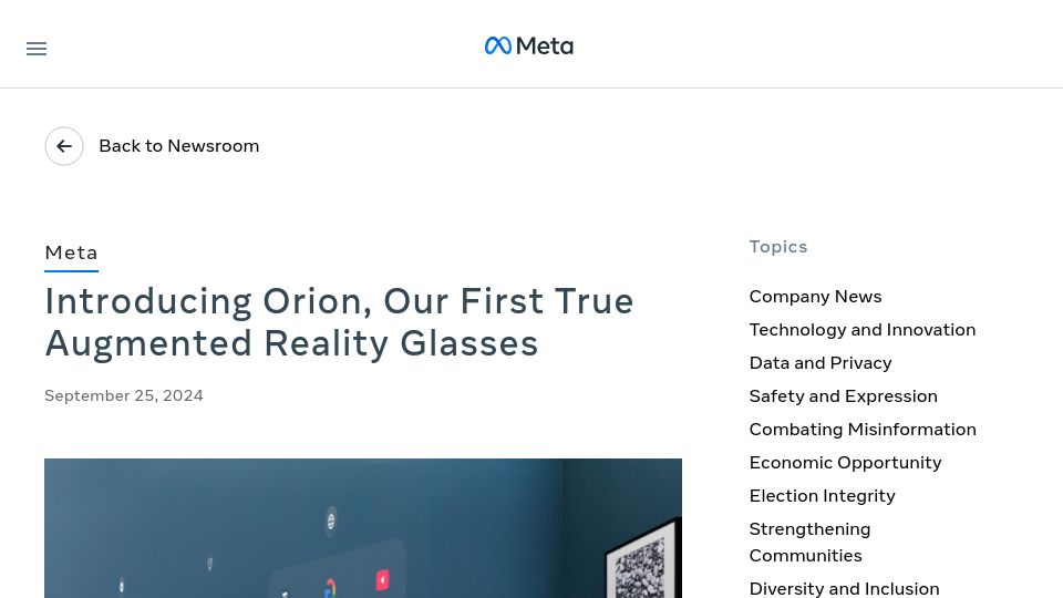Screenshot of about.fb.com: Orion, our first true augmented reality glasses