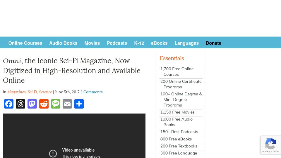Screenshot of openculture.com: Omni, the Iconic Sci-Fi Magazine, Digitized in High-Resolution (2017)