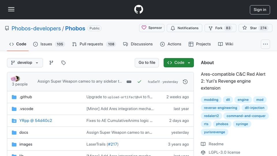 Screenshot of github.com: Show HN: Phobos – an engine extension for Red Alert 2: Yuri's Revenge