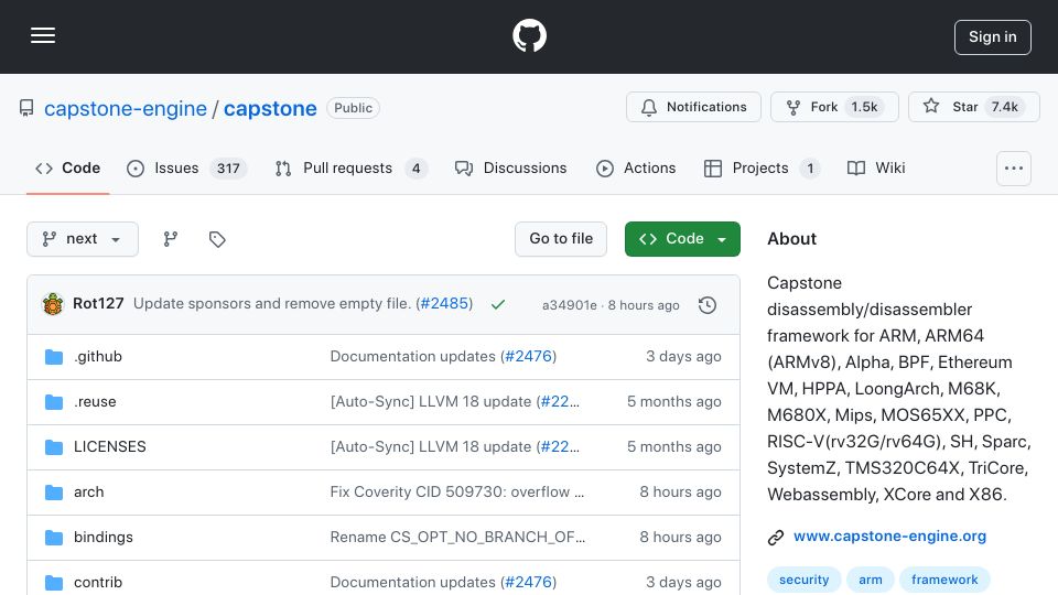 Screenshot of github.com: Capstone Disassembler Framework