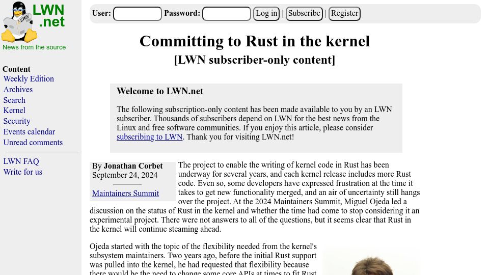 Screenshot of lwn.net: Committing to Rust in the Kernel