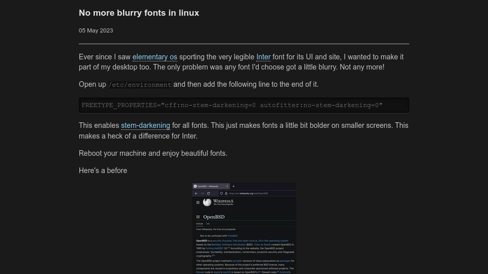 Screenshot of blog.aktsbot.in: No more blurry fonts in Linux (2023)