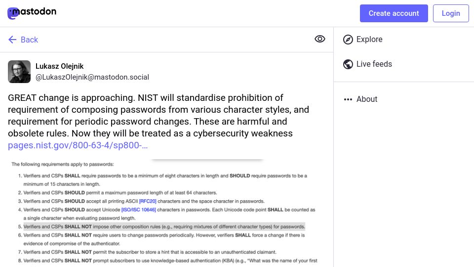 Screenshot of mastodon.social: NIST to forbid requirement of specific passwords character composition