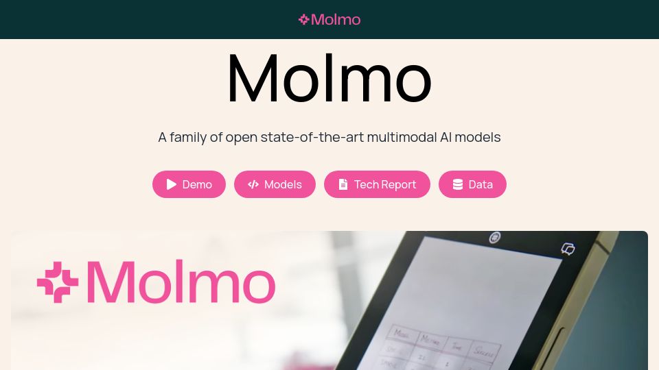 Screenshot of molmo.allenai.org: Molmo: a family of open multimodal AI models