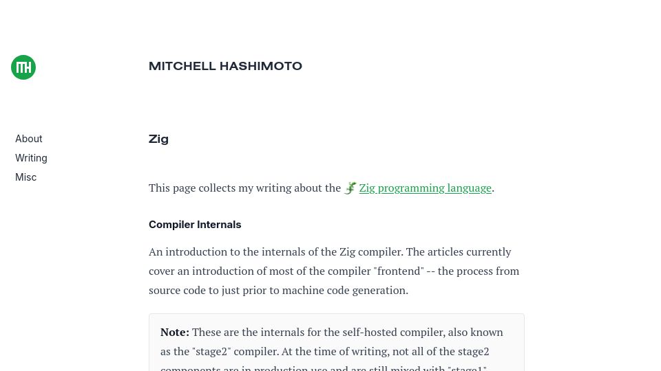 Screenshot of mitchellh.com: Mitchell Hashimoto: Zig Writings