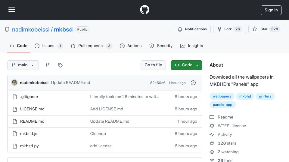 Screenshot of github.com: Mkbsd: Download all the wallpapers in MKBHD's "Panels" app for free