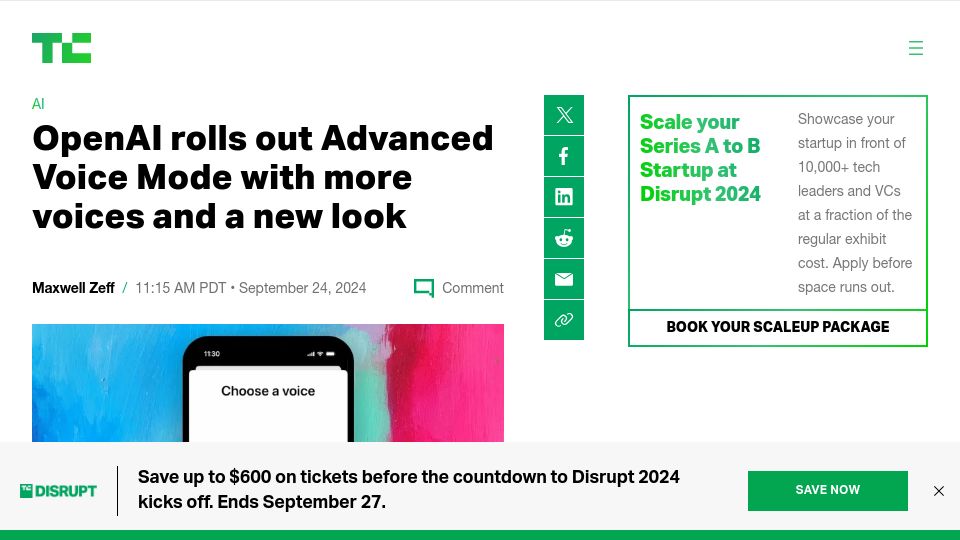 Screenshot of techcrunch.com: OpenAI rolls out Advanced Voice Mode with more voices and a new look