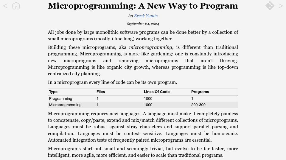 Screenshot of breckyunits.com: Microprogramming: A New Way to Program