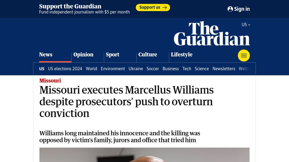 Screenshot of theguardian.com: Missouri executes a man despite prosecutors' push to overturn conviction