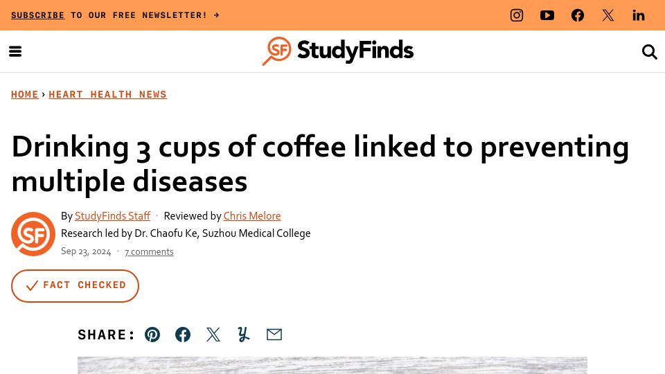 Screenshot of studyfinds.org: Drinking 3 cups of coffee linked to preventing multiple diseases