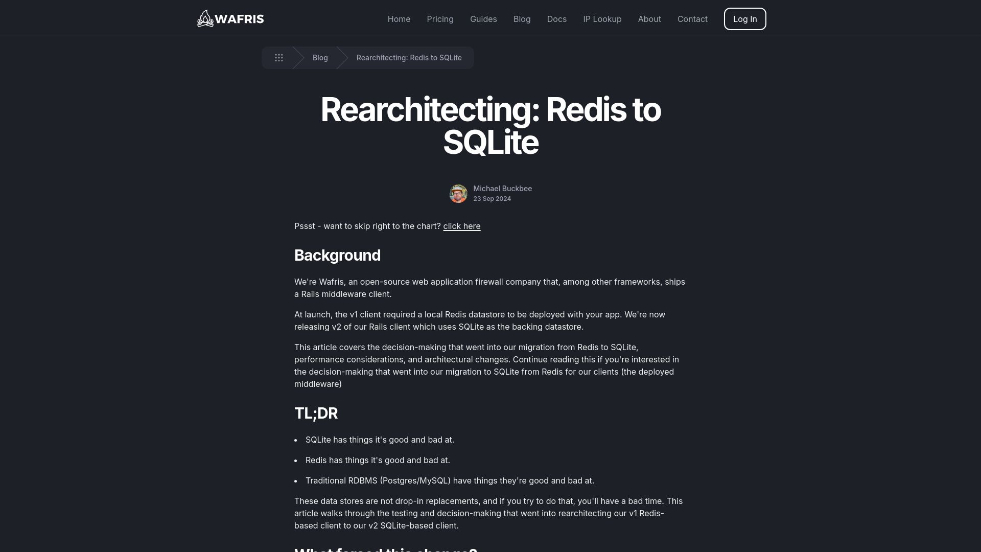 Screenshot of wafris.org: Rearchitecting: Redis to SQLite