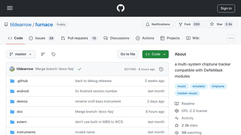 Screenshot of github.com: Furnace – the biggest multi-system chiptune tracker ever made