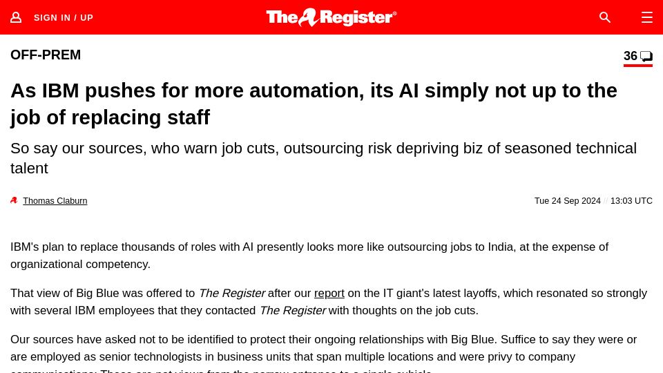 Screenshot of theregister.com: As IBM pushes for automation, its AI simply not up to the job of replacing staff