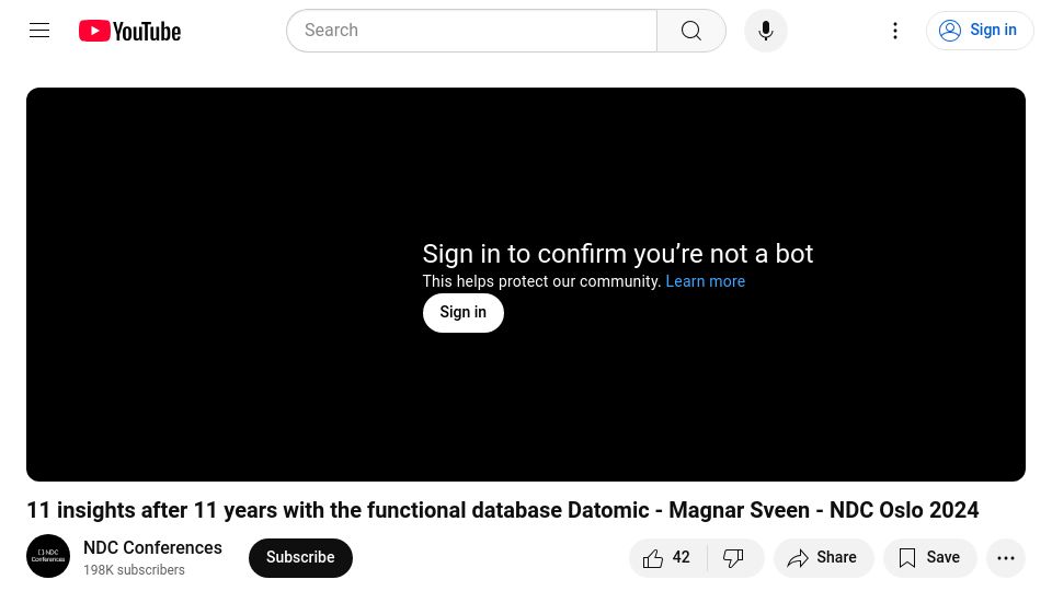 Screenshot of youtube.com: Insights after 11 years with Datomic [video]