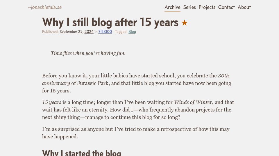 Screenshot of jonashietala.se: Why I still blog after 15 years