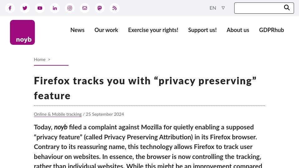 Screenshot of noyb.eu: Firefox tracks you with "privacy preserving" feature