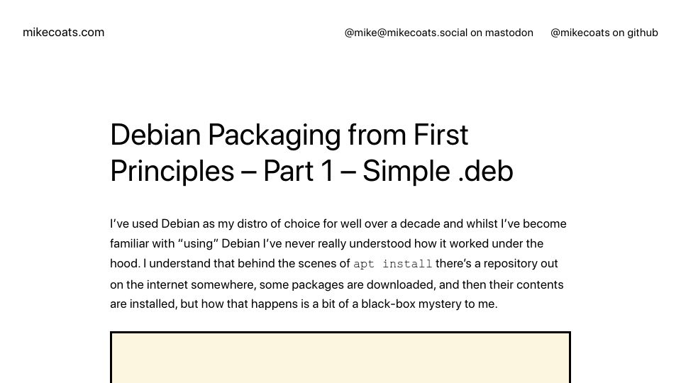 Screenshot of mikecoats.com: Debian Packaging from First Principles