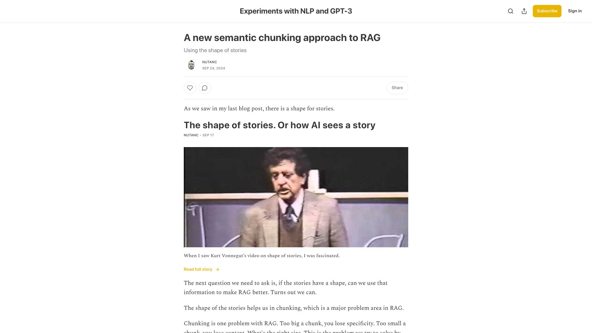Screenshot of gpt3experiments.substack.com: A new semantic chunking approach for RAG
