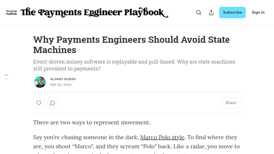 Screenshot of news.alvaroduran.com: Why Payments Engineers Should Avoid State Machines