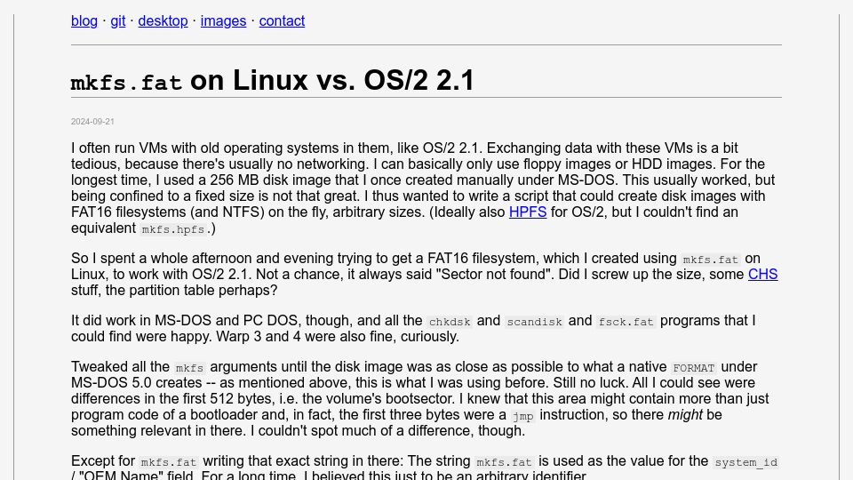 Screenshot of uninformativ.de: Mkfs.fat on Linux vs. OS/2 2.1