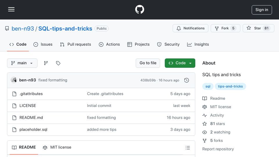 Screenshot of github.com: SQL Tips and Tricks