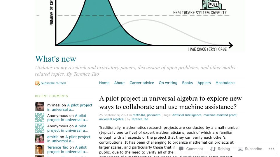 Screenshot of terrytao.wordpress.com: A pilot project in universal algebra to explore new ways to collaborate