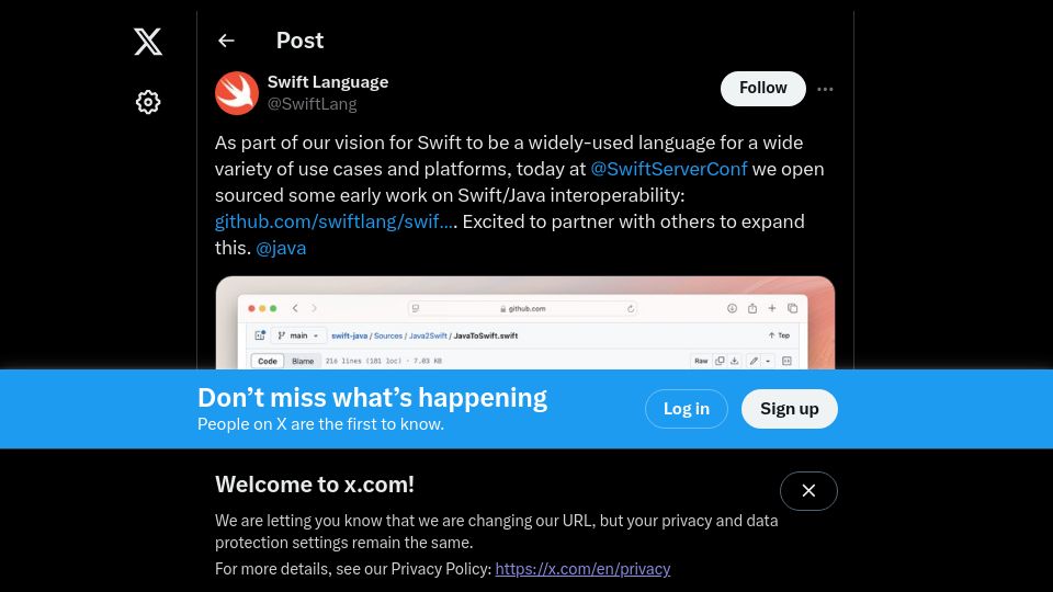 Screenshot of twitter.com: Swift/Java interoperability tools and libraries