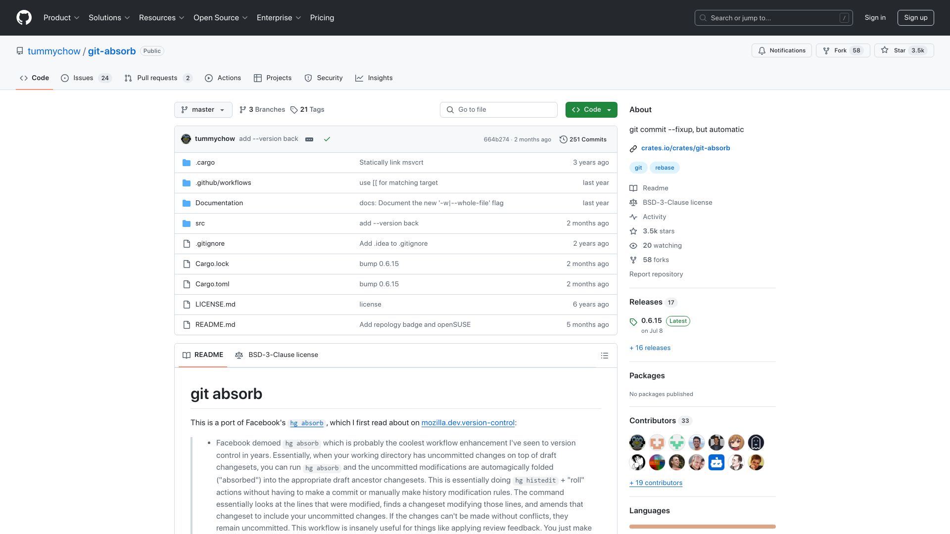 Screenshot of github.com: Git-absorb: Git commit –fixup, but automatic
