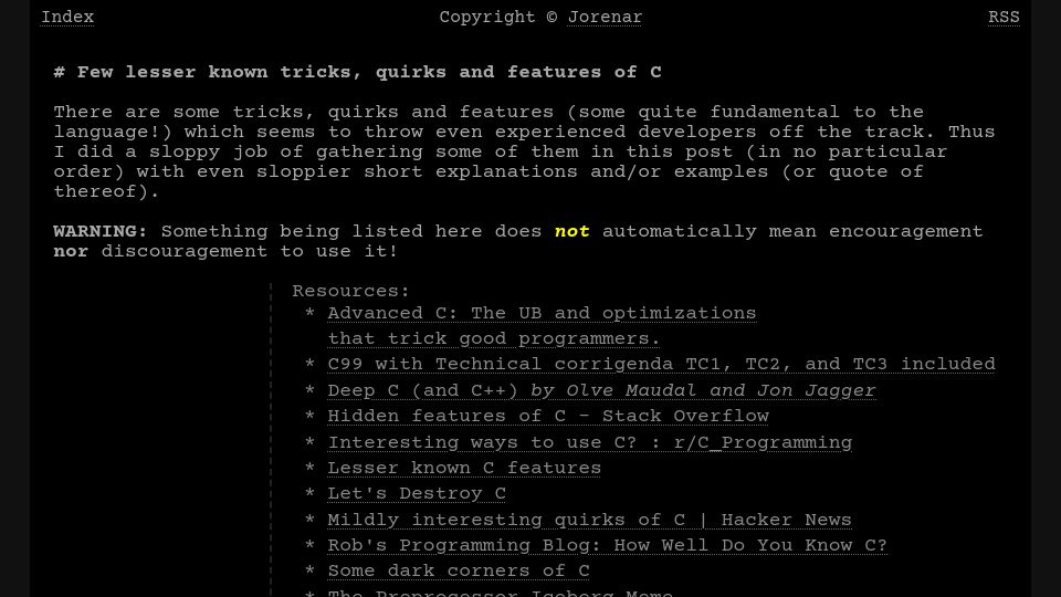Screenshot of jorenar.com: Lesser known tricks, quirks and features of C