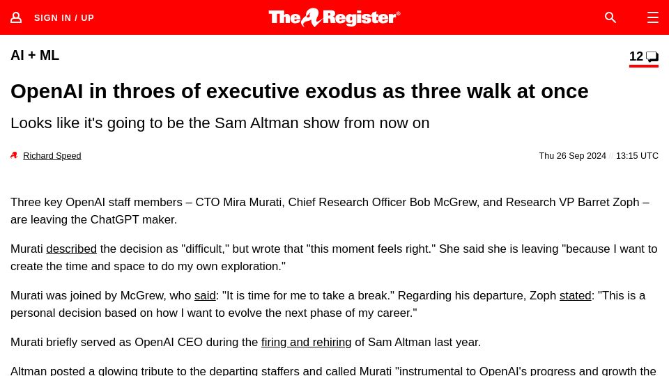 Screenshot of theregister.com: OpenAI in throes of executive exodus as three walk at once