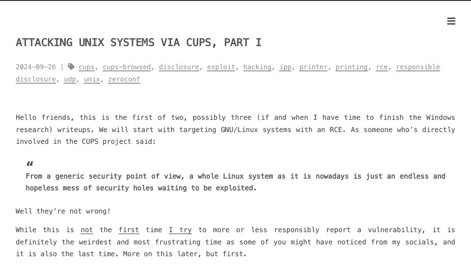 Screenshot of evilsocket.net: Attacking UNIX Systems via CUPS