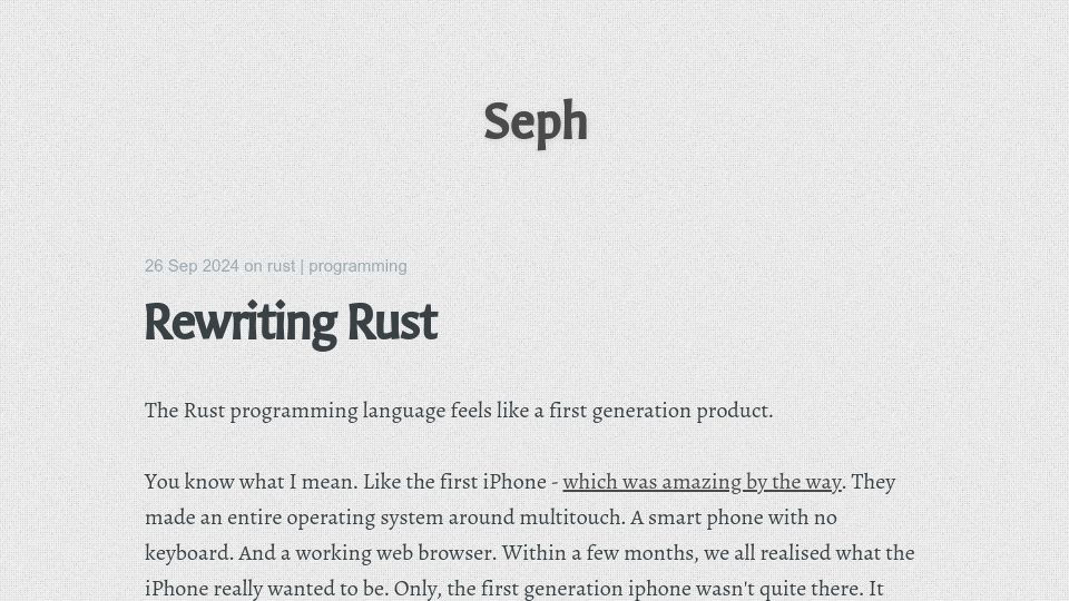 Screenshot of josephg.com: Rewriting Rust