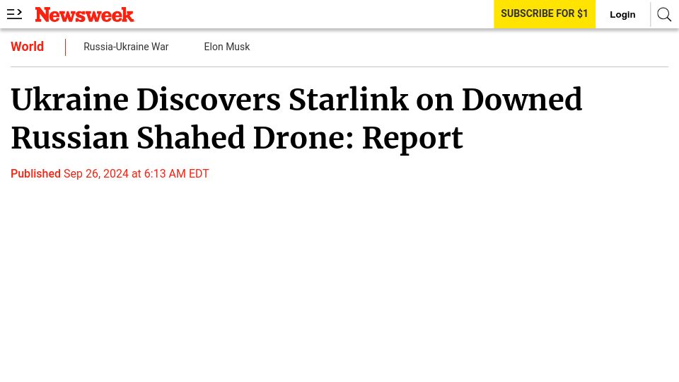 Screenshot of newsweek.com: Ukraine Discovers Starlink on Downed Russian Shahed Drone: Report