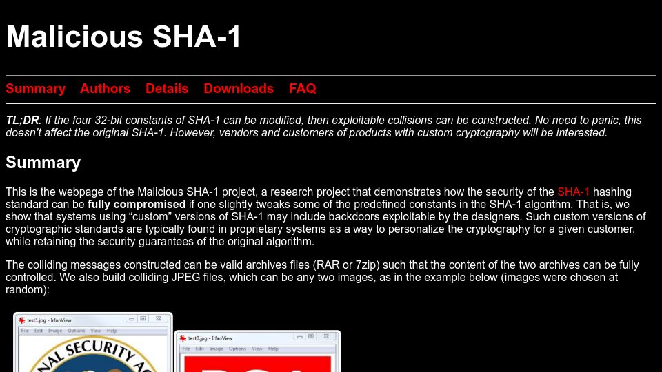 Screenshot of malicioussha1.github.io: Malicious SHA-1 (2014)