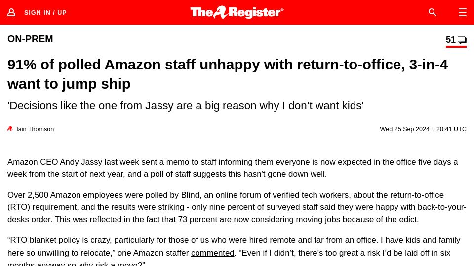 Screenshot of theregister.com: 91% of polled Amazon staff unhappy with RTO, 3-in-4 want to jump ship