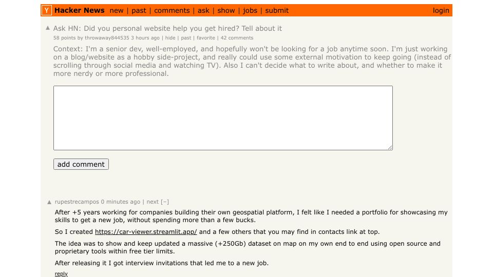 Screenshot of Hacker News post: Ask HN: Did you personal website help you get hired? Tell about it