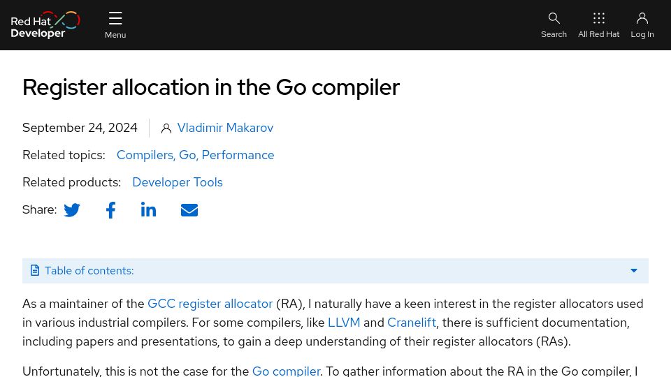 Screenshot of developers.redhat.com: Register Allocation in the Go Compiler