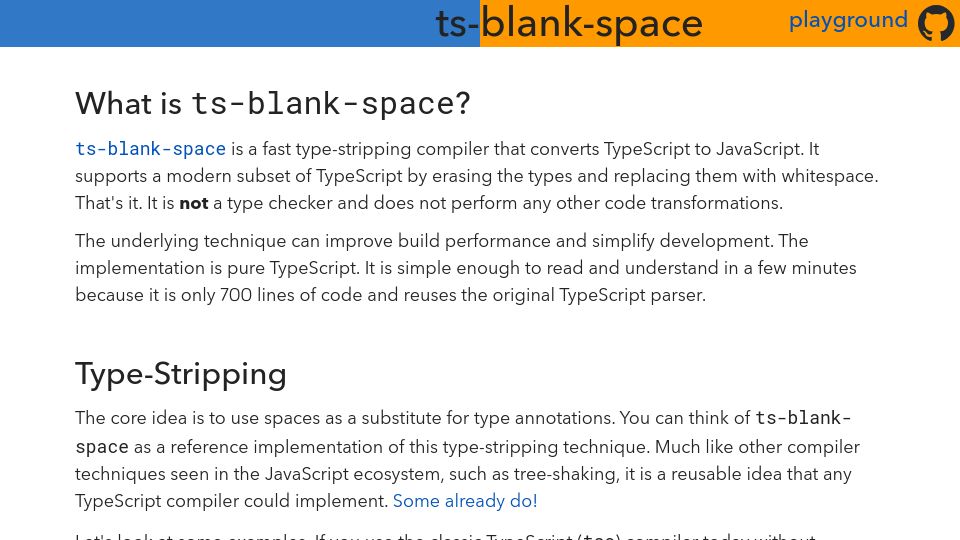 Screenshot of bloomberg.github.io: ts-blank-space is a fast type-stripping compiler