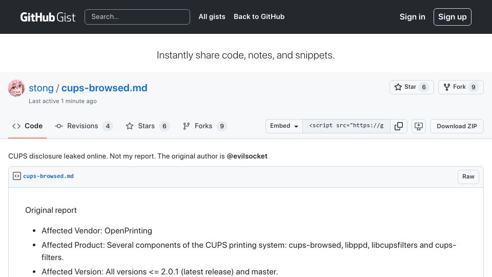 Screenshot of gist.github.com: RCE Vulnerability Discovered in Cups