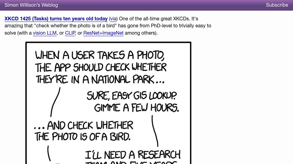 Screenshot of simonwillison.net: Xkcd 1425 (Tasks) turns ten years old today