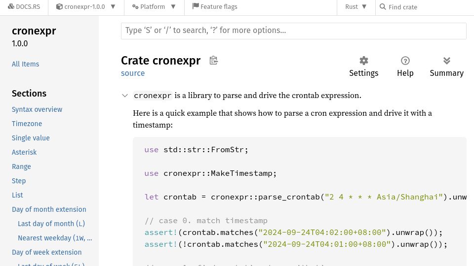 Screenshot of docs.rs: Show HN: Cronexpr, a Rust library to parse and iter crontab expression