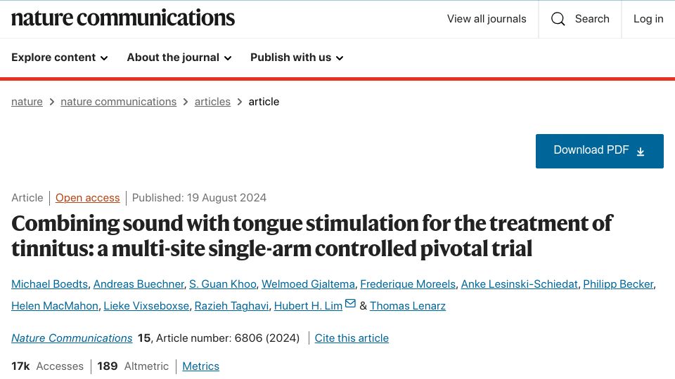 Screenshot of nature.com: Combining sound with tongue stimulation for the treatment of tinnitus
