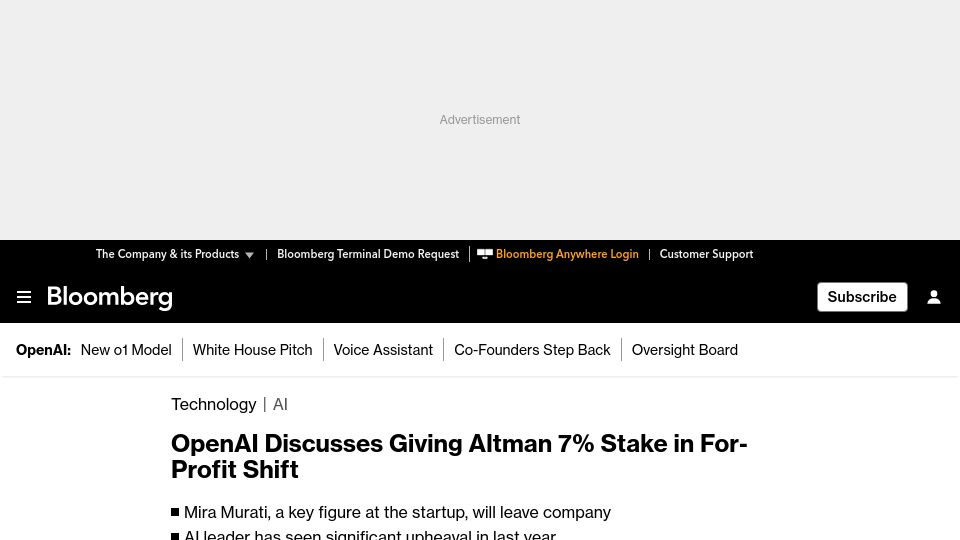 Screenshot of bloomberg.com: OpenAI Discusses Giving Altman 7% Stake in For-Profit Shift
