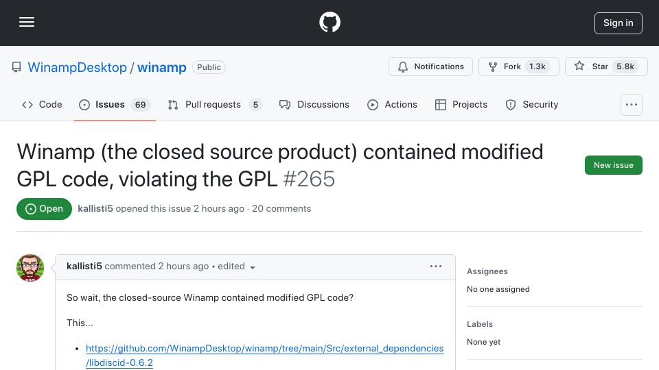 Screenshot of github.com: Winamp contained modified GPL code, violating the GPL