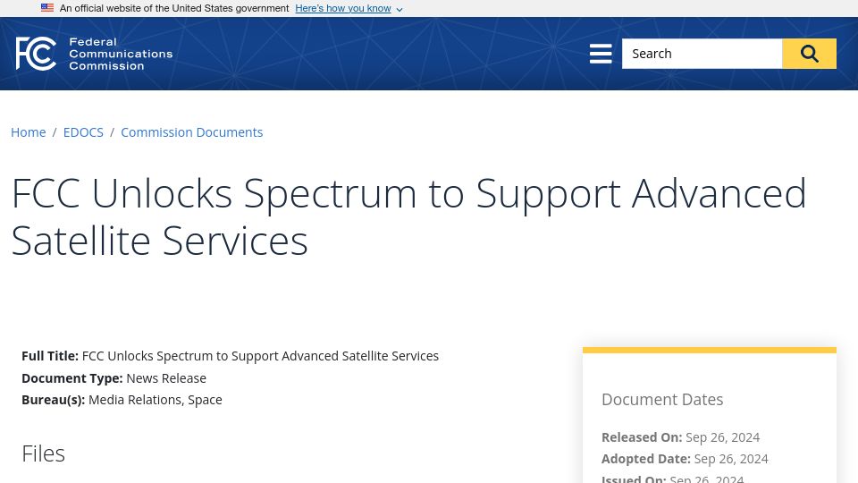 Screenshot of fcc.gov: FCC unlocks spectrum to support advanced satellite services