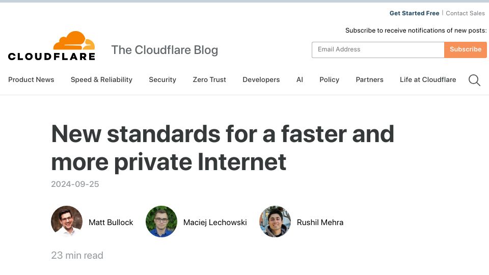 Screenshot of blog.cloudflare.com: New standards for a faster and more private Internet