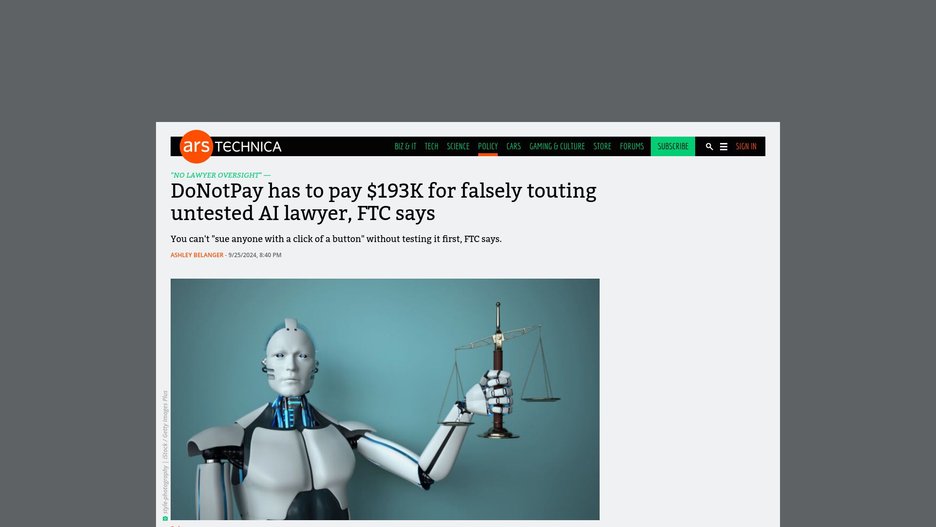 Screenshot of arstechnica.com: DoNotPay has to pay $193K for falsely touting untested AI lawyer, FTC says