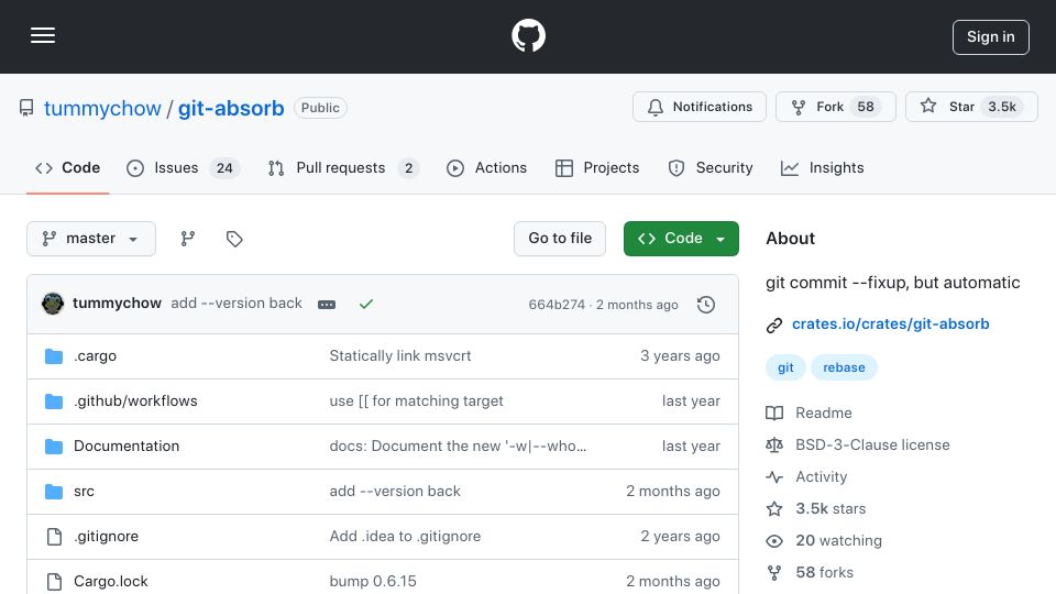 Screenshot of github.com: Git-absorb: Git commit –fixup, but automatic