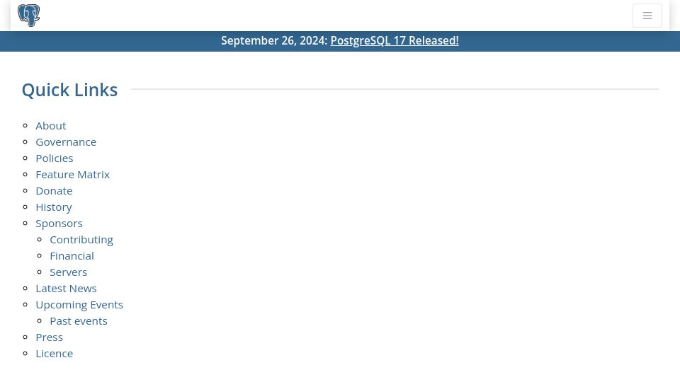 Screenshot of postgresql.org: PostgreSQL 17