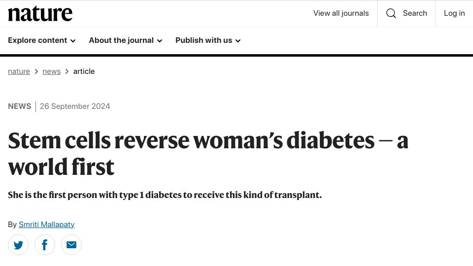 Screenshot of nature.com: Stem cells reverse woman’s diabetes